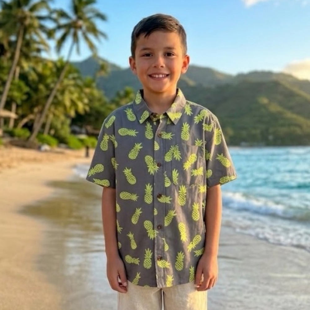 SONOMA Gray Short-Sleeve Button-Up with Neon Yellow Pineapple Print